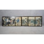 Two c1900's framed and glazed Japanese wood block triptychs by Utagawa Kuniyoshi, with Japanese