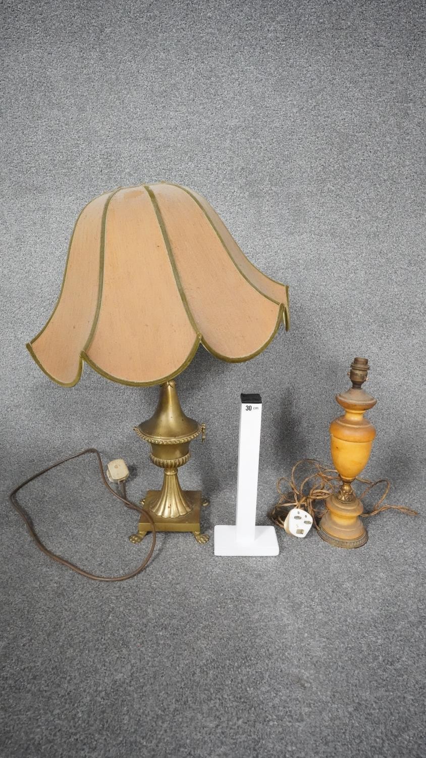 An antique marble and gilt metal table along with a brass twin handled table lamp on four lion paw - Image 12 of 12