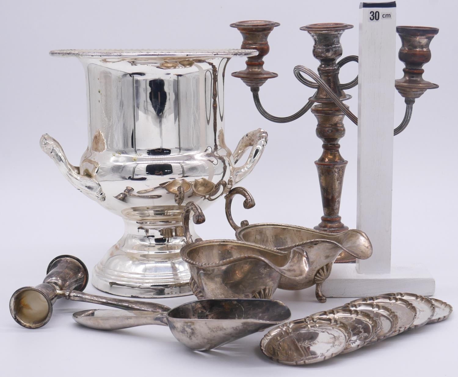 A collection of silver plate. Including a three branch candelabra, a two handled silver plate - Image 8 of 10