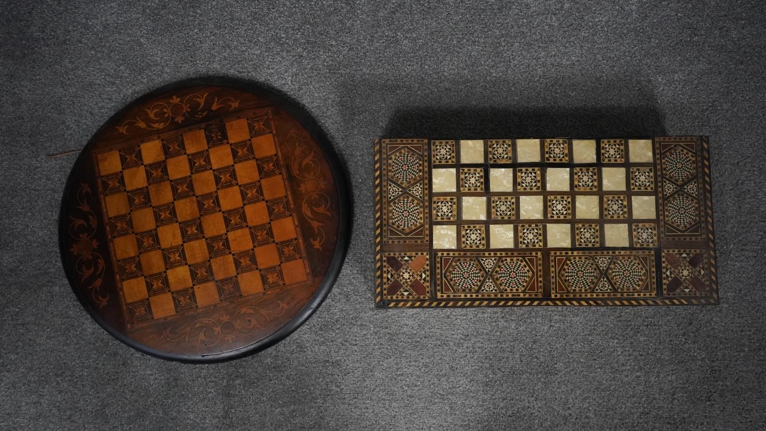 A micro mosaic Indian inlaid marquetry draughts set with draughts along with a Victorian inlaid - Image 2 of 7