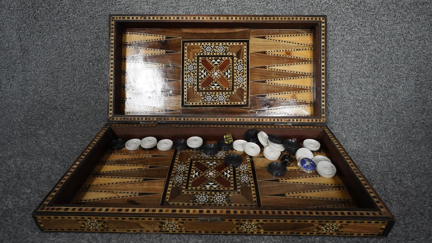 A micro mosaic Indian inlaid marquetry draughts set with draughts along with a Victorian inlaid - Image 4 of 7