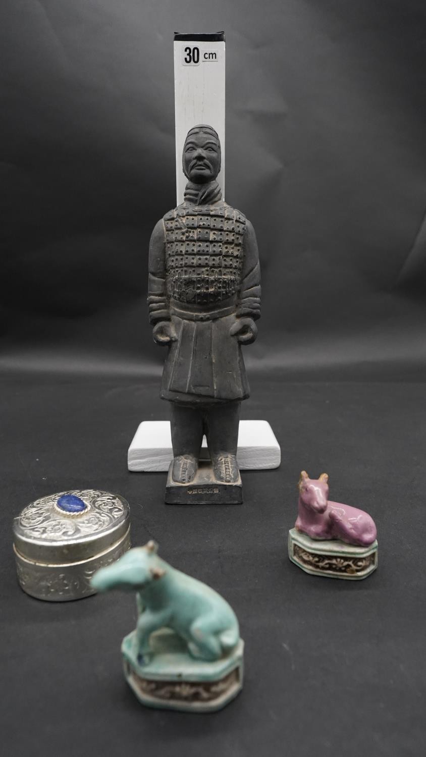 A collection of ceramics and a white metal box. Including a Tang style terracotta warrior statue and - Image 6 of 6