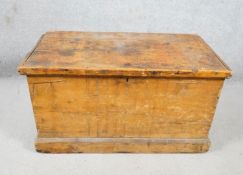 A 19th century pine trunk with hinged top and twin carrying handles on plinth base. H.40 W.69 D.40