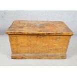 A 19th century pine trunk with hinged top and twin carrying handles on plinth base. H.40 W.69 D.40