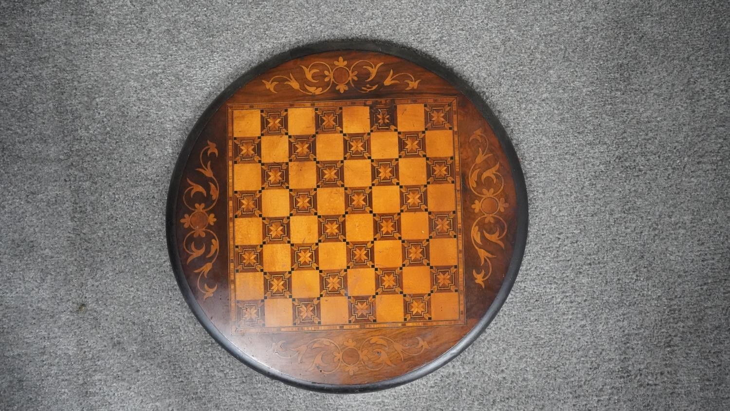 A micro mosaic Indian inlaid marquetry draughts set with draughts along with a Victorian inlaid - Image 6 of 7