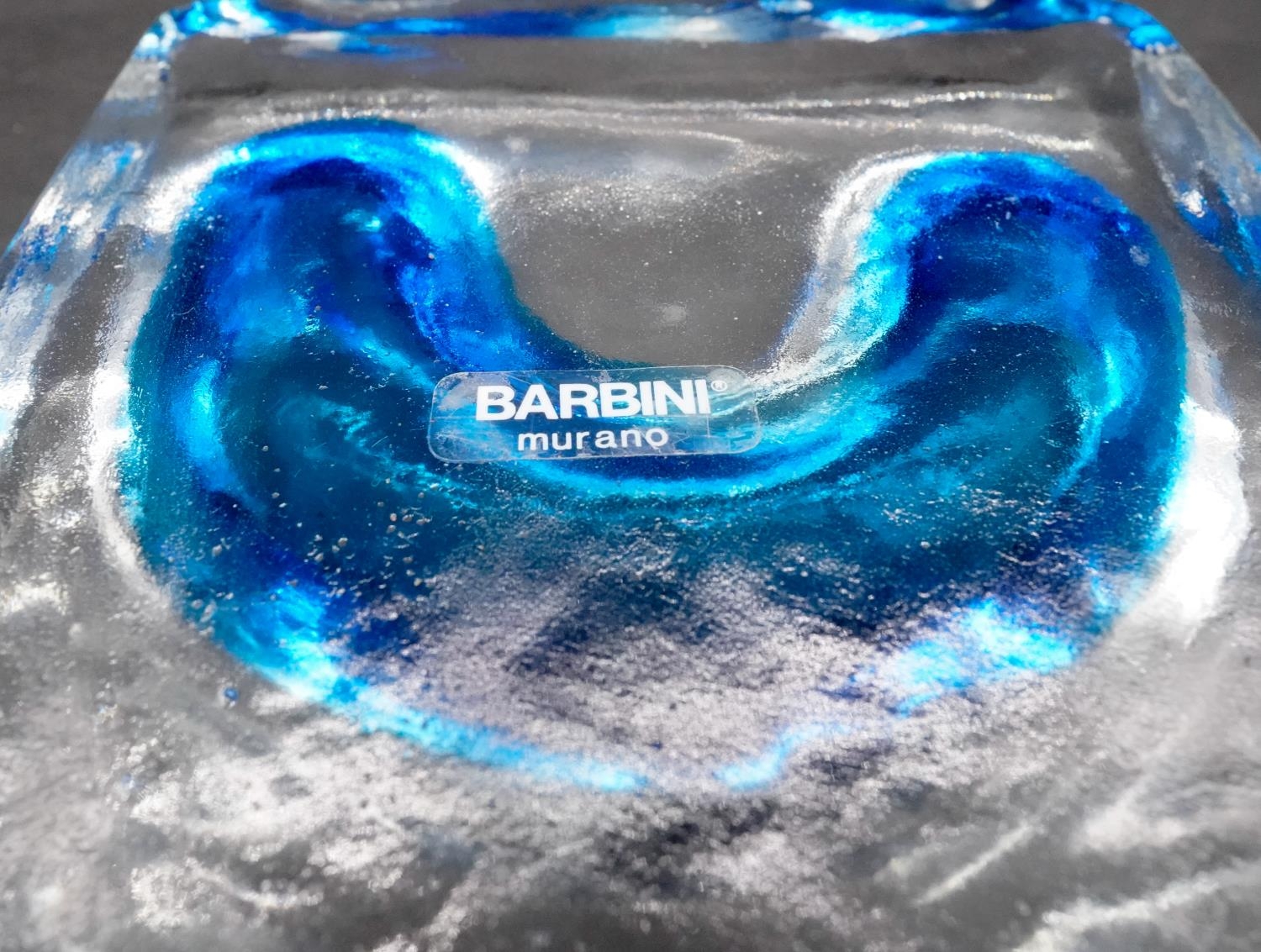 A 1970's blue and clear square Barbini Murano glass ashtray with horseshoe shaped indent. Signed - Image 3 of 3