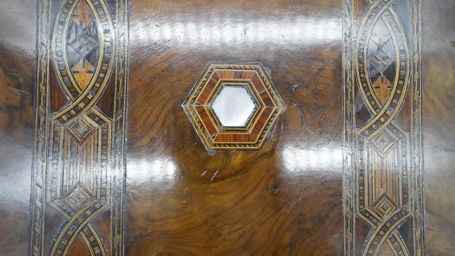 A Victorian burr walnut fitted jewellery box with marquetry and mother of pearl inlay with purple - Image 2 of 8