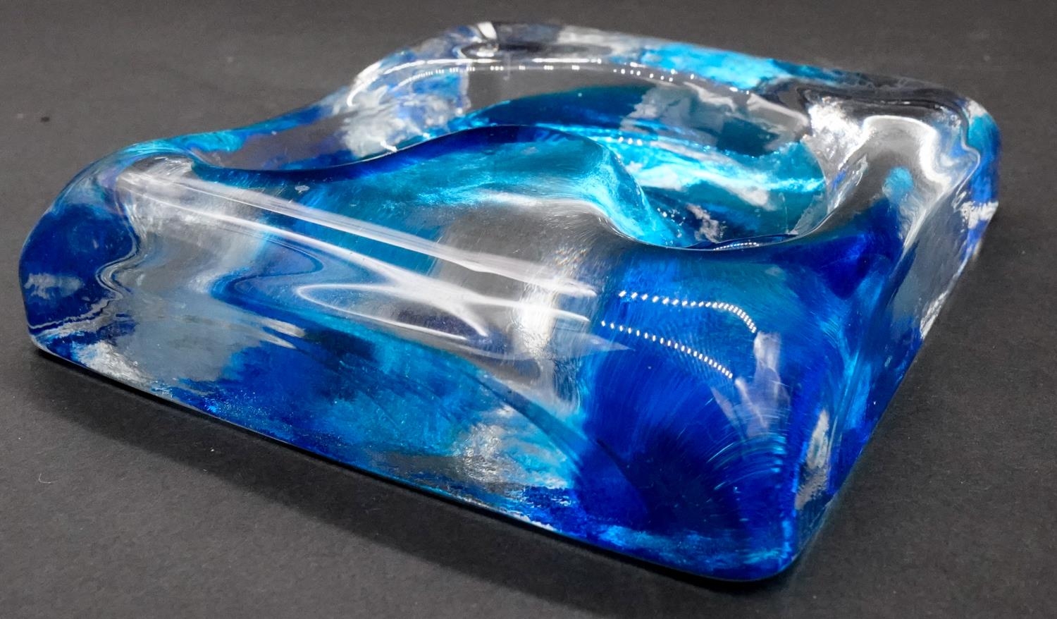 A 1970's blue and clear square Barbini Murano glass ashtray with horseshoe shaped indent. Signed - Image 2 of 3