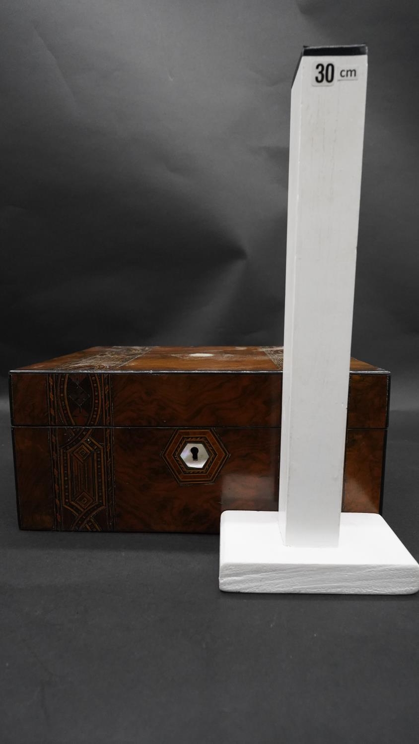 A Victorian burr walnut fitted jewellery box with marquetry and mother of pearl inlay with purple - Image 7 of 8