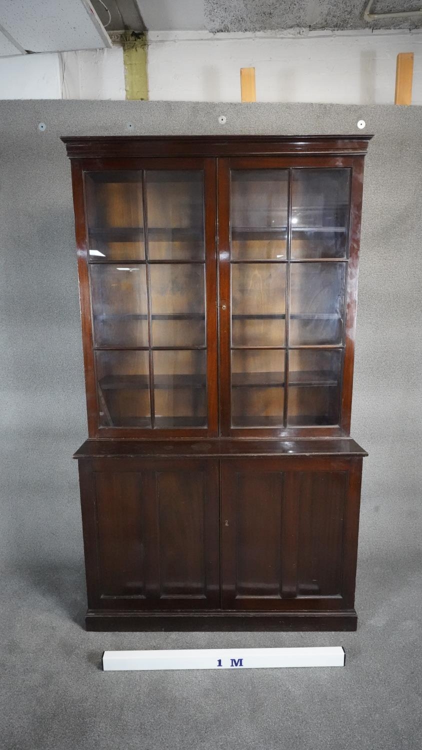 A mid century Georgian style mahogany library bookcase the upper glazed section above base fitted - Image 5 of 6