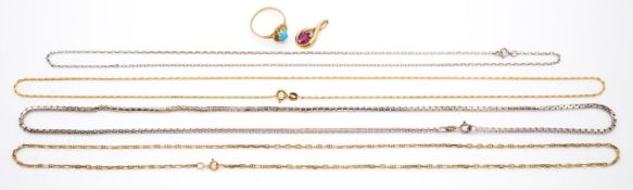 A collection of gold and silver jewellery. Including a 9ct gold and ruby pendant, a 9ct gold and