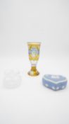 A Wedgwood heart shaped Jasperware trinket box, with cut glass honey jar and Bohemian floral