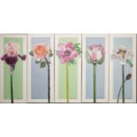 Five botanical oil on canvases by Chung Shek. Each of different flowers including Poppy, Rose,