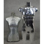 Two shop mannequins. One of a male torso, fibreglass with a chrome finish and the other of a