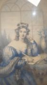 A gilt framed and glazed 19th century hand coloured engraving of a lady in a blue dress at her