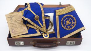 Leather cased Masonic regalia, with blue silk dress collar with silver gilt medal, Kent with royal