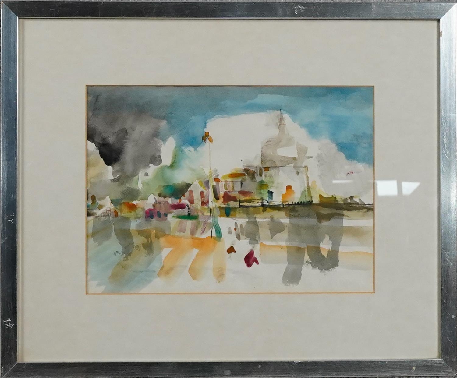 A framed and glazed Impressionist style watercolour, London skyline. H.62 W.46cm - Image 2 of 4