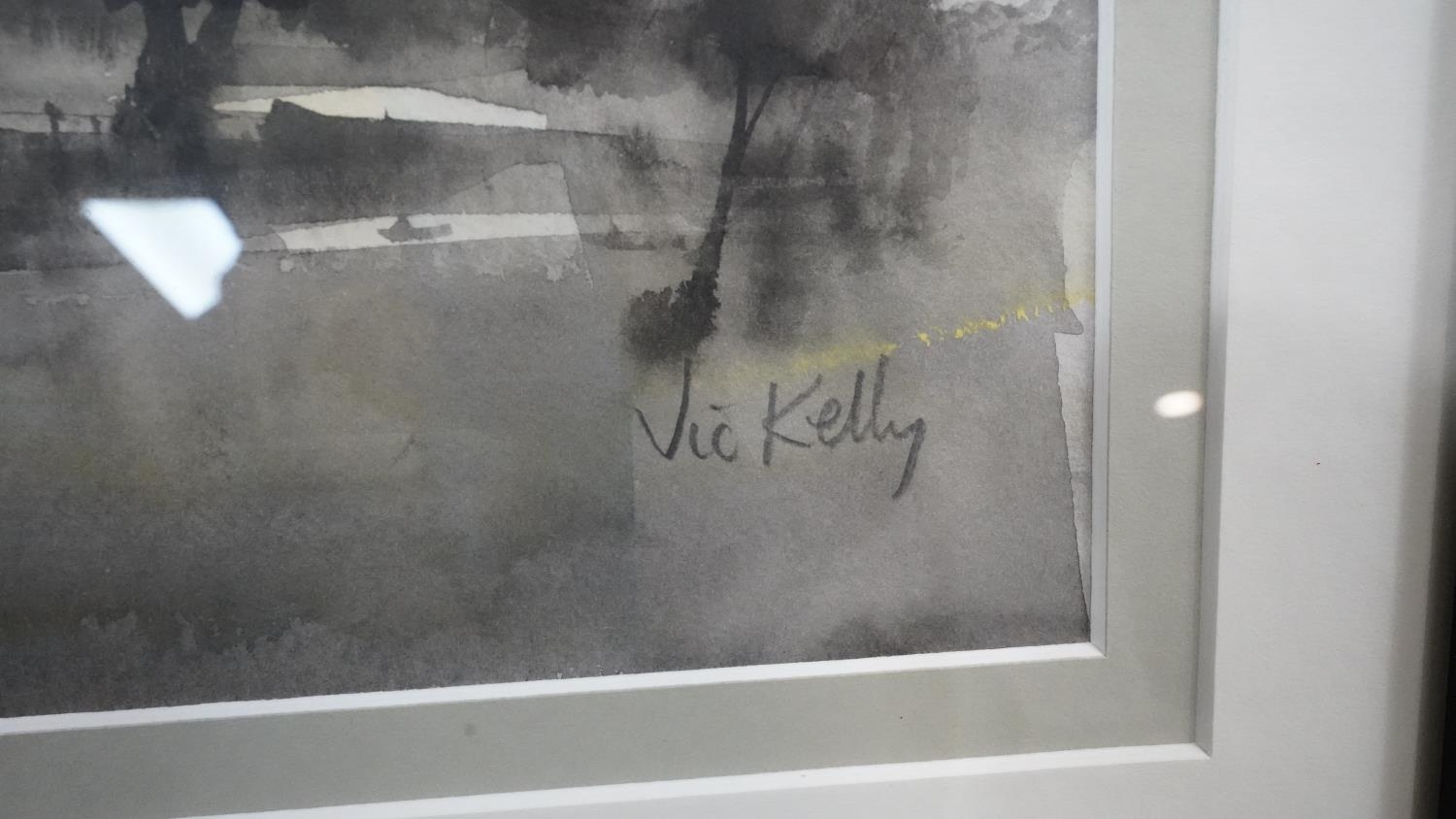 Victor Kelly RBSA, PPBWS - A framed and glazed watercolour on paper of a winter lake with trees. - Image 5 of 6