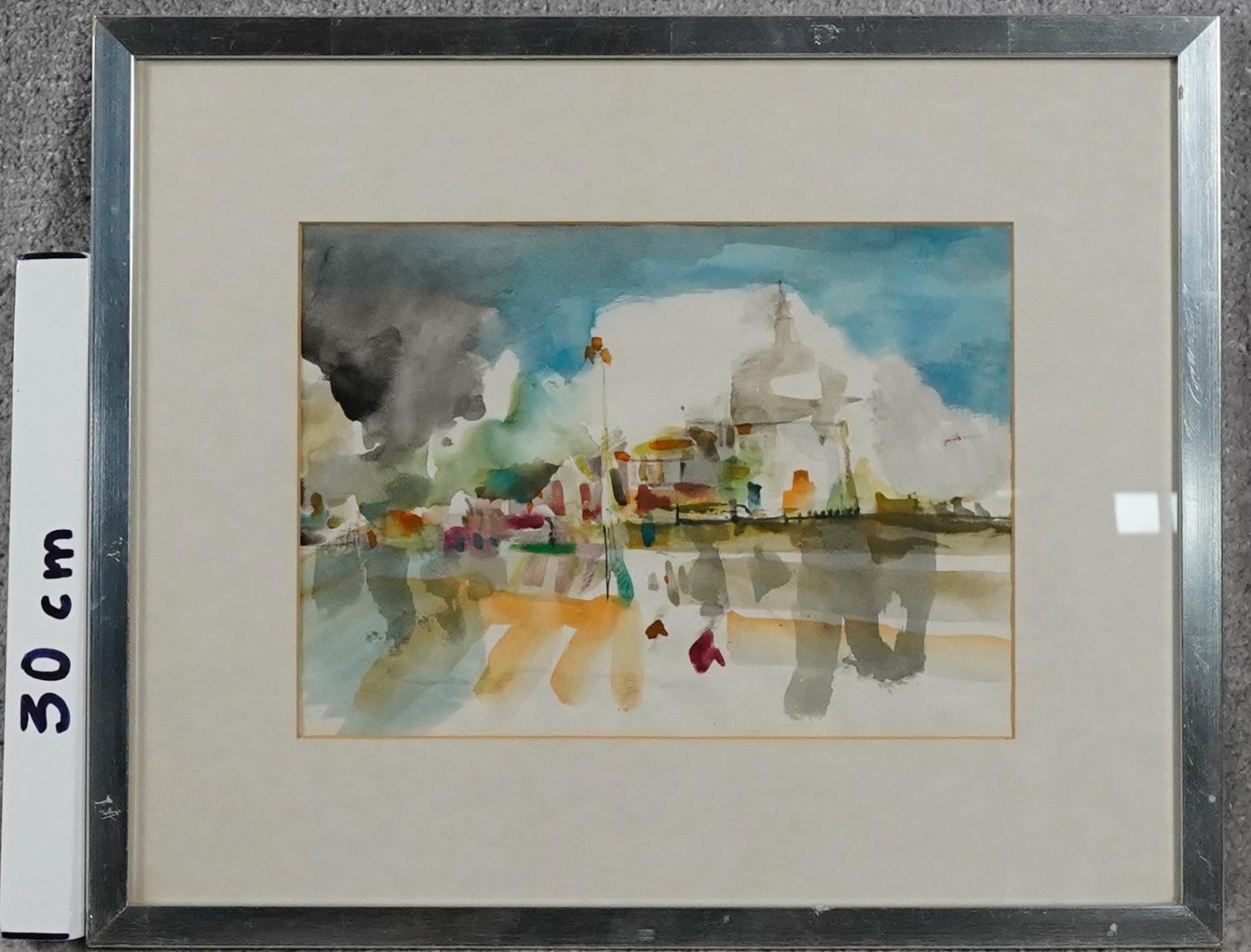 A framed and glazed Impressionist style watercolour, London skyline. H.62 W.46cm - Image 3 of 4