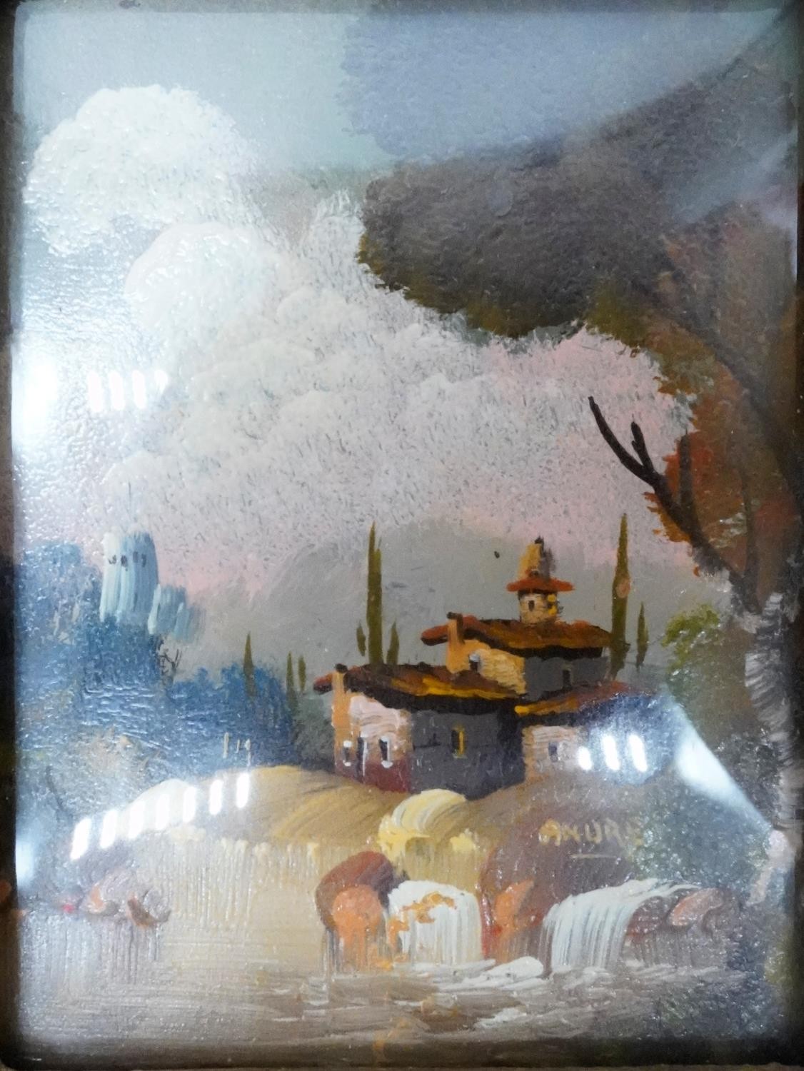 Two framed and glazed miniature oil on board landscape scenes. Signed Andre. H.21 W.19 - Image 7 of 9