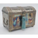 An Oriental silver plated two handled jewellery box in the form of a strapped chest, with bamboo