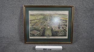 A framed and glazed 19th century hand coloured engraving of Wimpole Hall in the county of Cambridge.