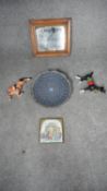 A collection of items. Including a vintage painted toy wooden horse, an antique veneered framed wall