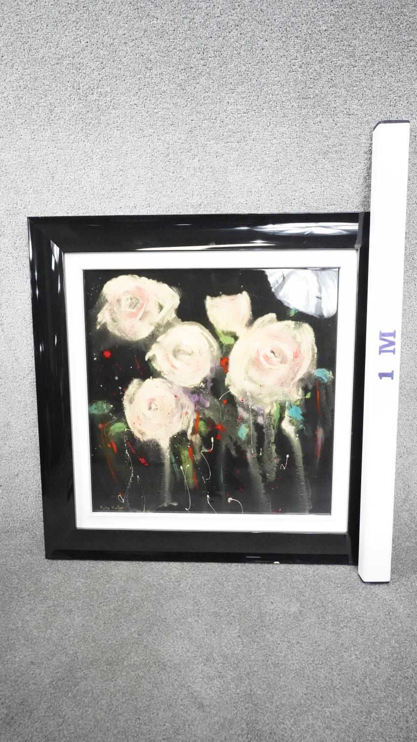 Ruby Keller- A framed and glazed acrylic on board with resin of a group of abstract roses. Signed by - Image 6 of 6