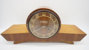 A Mid-Century birch cased chiming mantel clock by Metron. With makers label to the back and key. H.