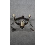 A Tudor style wrought iron three branch hanging candle design ceiling light. H.23 W.53 D.46