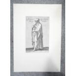 An unframed antique etching of a cloaked man with inscription in French translates as' Woman more