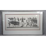 A large framed and glazed Chinese wood block print of farmers ploughing a field with cattle. H.65