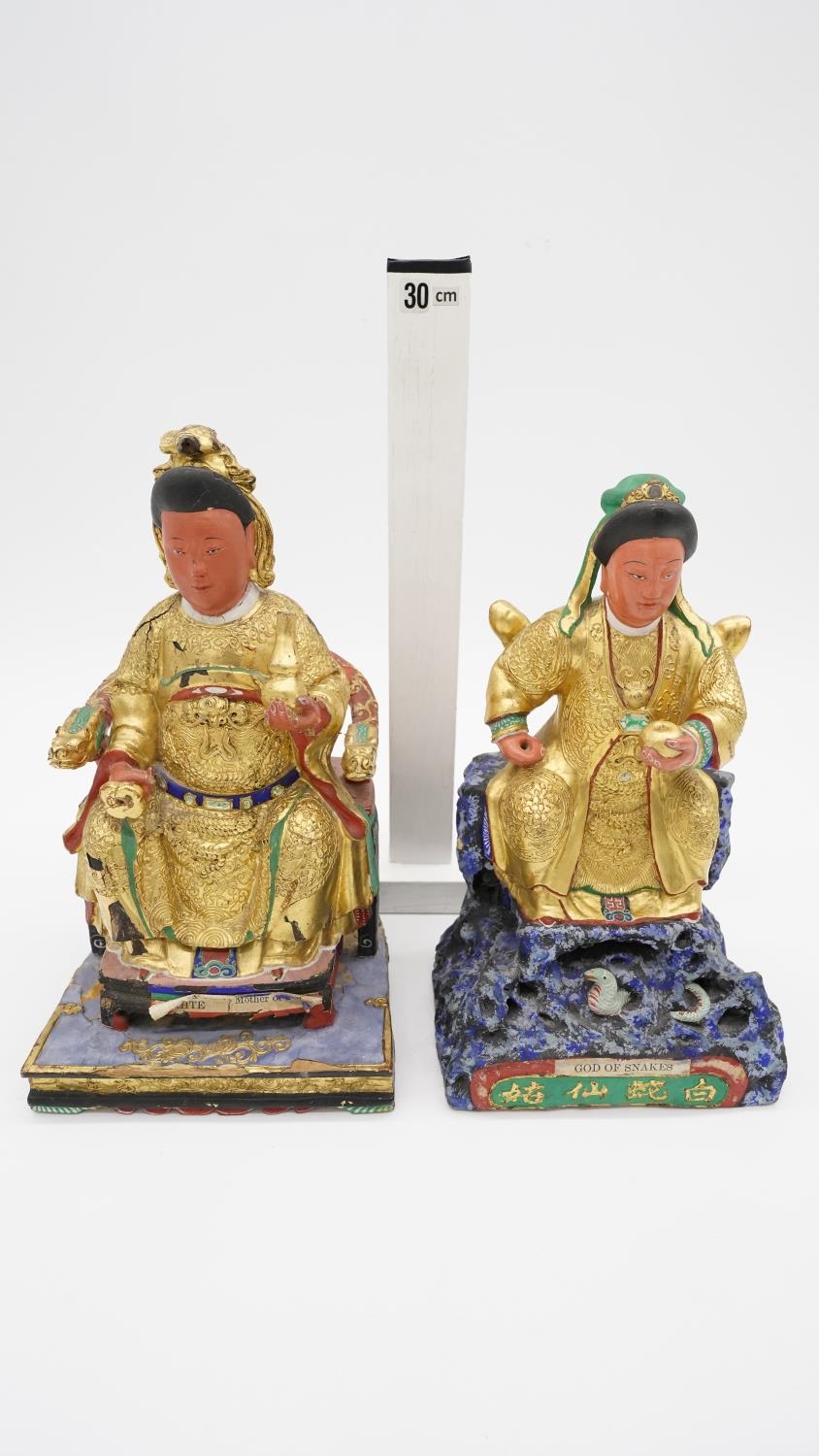 Two Early Qing Chinese hand painted lacquered and gilded wooden house gods. One god of snakes and - Image 11 of 11