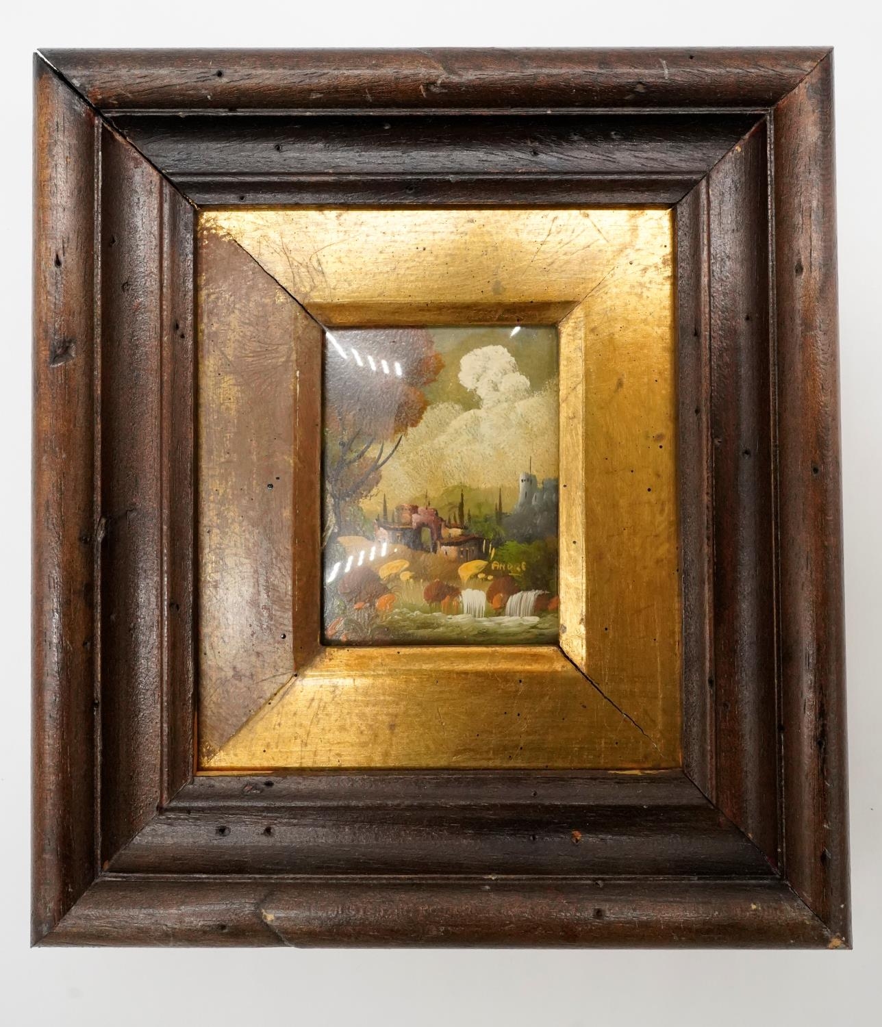 Two framed and glazed miniature oil on board landscape scenes. Signed Andre. H.21 W.19 - Image 2 of 9