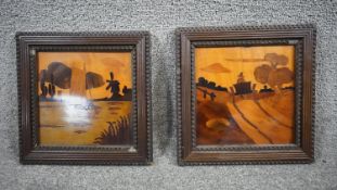 A pair of framed late 19th century parquetry panels, rural Dutch scenes in a variety of specimen