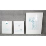 Three framed and glazed prints of drawings of nude female studies. One by Chinese artist Qu Lei Lei.