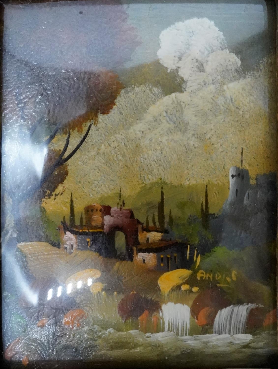 Two framed and glazed miniature oil on board landscape scenes. Signed Andre. H.21 W.19 - Image 3 of 9