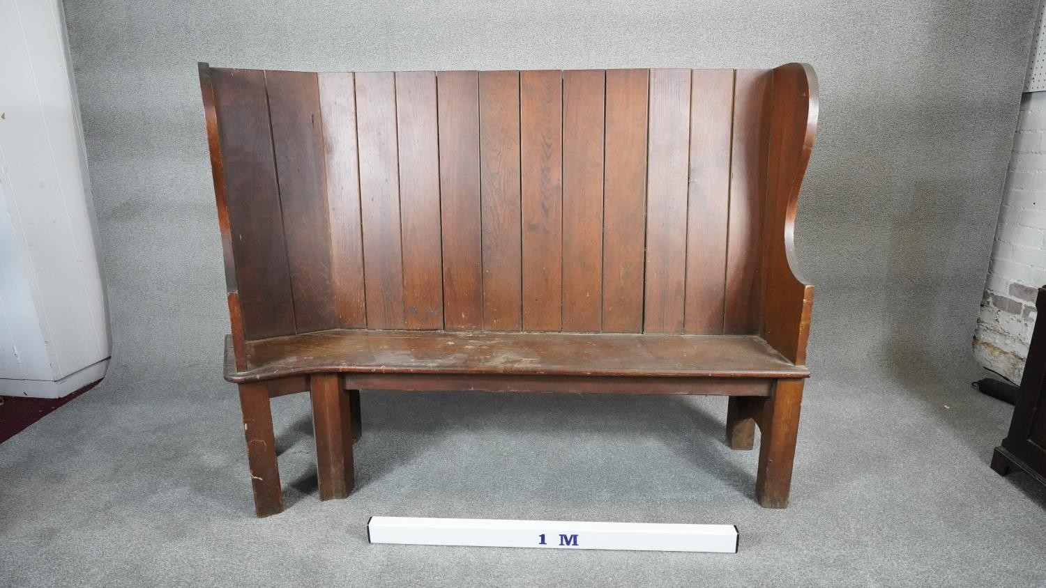A C.1900 high backed pitch pine settle on square supports. H.128 W.161 D.57 - Image 5 of 5