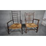 A 19th century beech ladder back armchair with woven rush seat along with a similar armchair. H.88