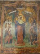 A 19th century Russian religious icon, painted on wood with gilded details. Inscription in Russian