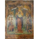 A 19th century Russian religious icon, painted on wood with gilded details. Inscription in Russian