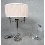 Two contemporary chrome table lamps. One with ice cube glass shade and one with two branches. H.81