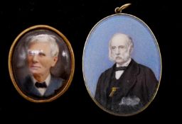 Two oval framed antique miniatures. One of an elderley gentleman with white hair on ceramic and