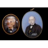 Two oval framed antique miniatures. One of an elderley gentleman with white hair on ceramic and