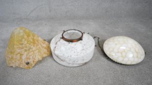 Three Art Deco glass pedant light shades, one with handkerchief design with orange and white marbled