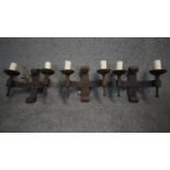 Three Impex refectory aged wrought iron two branch Gothic wall lights. H.27 W.34 D.16