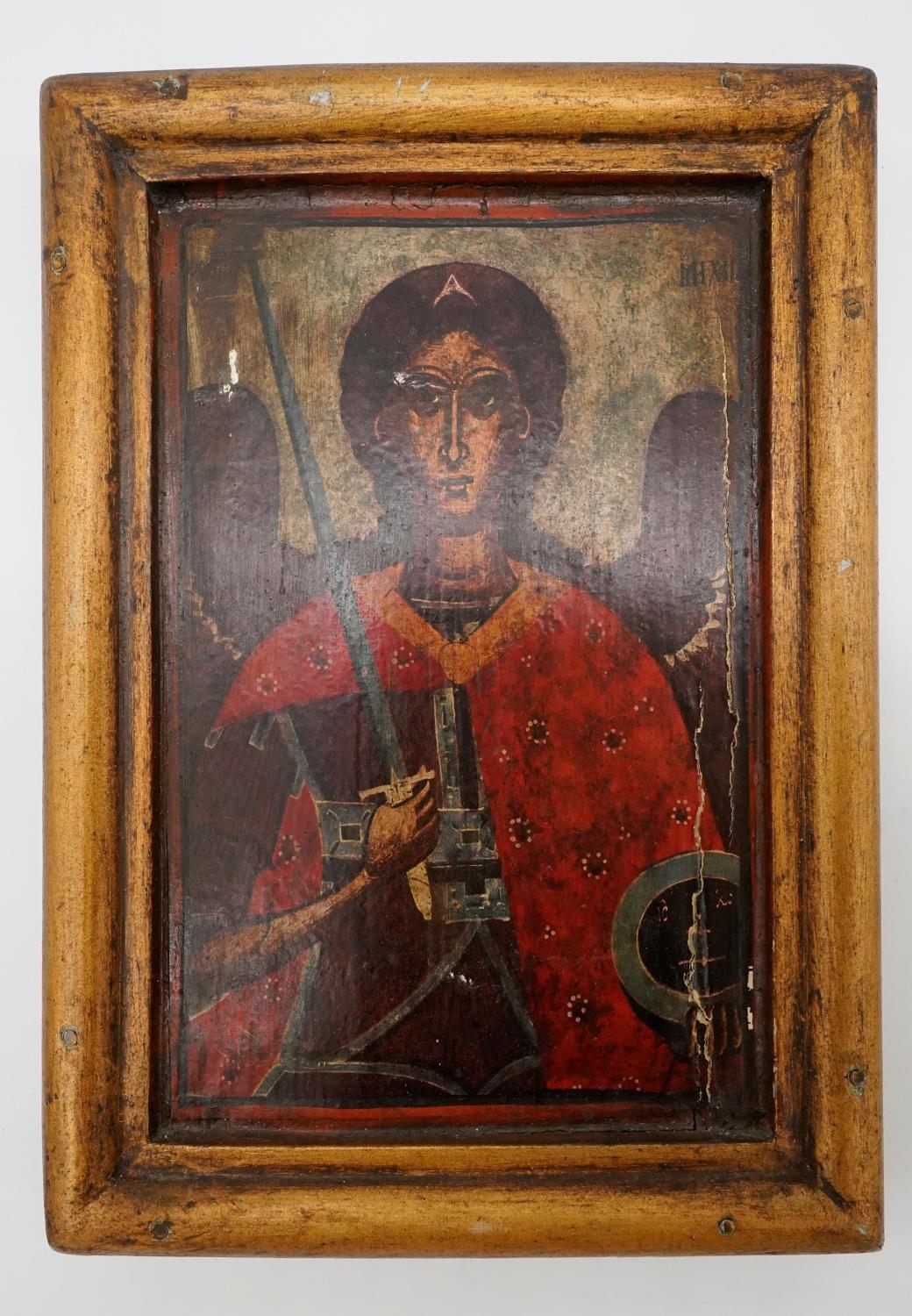 A copy of a early religious icon printed on wood with gilded frame. H.28 W.20 - Image 2 of 5