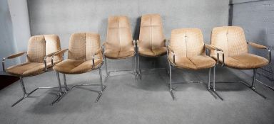 A set of six vintage Pieff Eleganza dining chairs on chrome bases in original upholstery, worn in