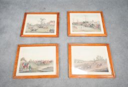 A set of four framed and glazed prints in polished maple frames, early steeple chasing scenes. H.