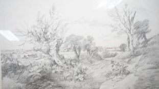 A C.1900's framed and glazed pencil drawing on paper of a countryside landscape with houses in the